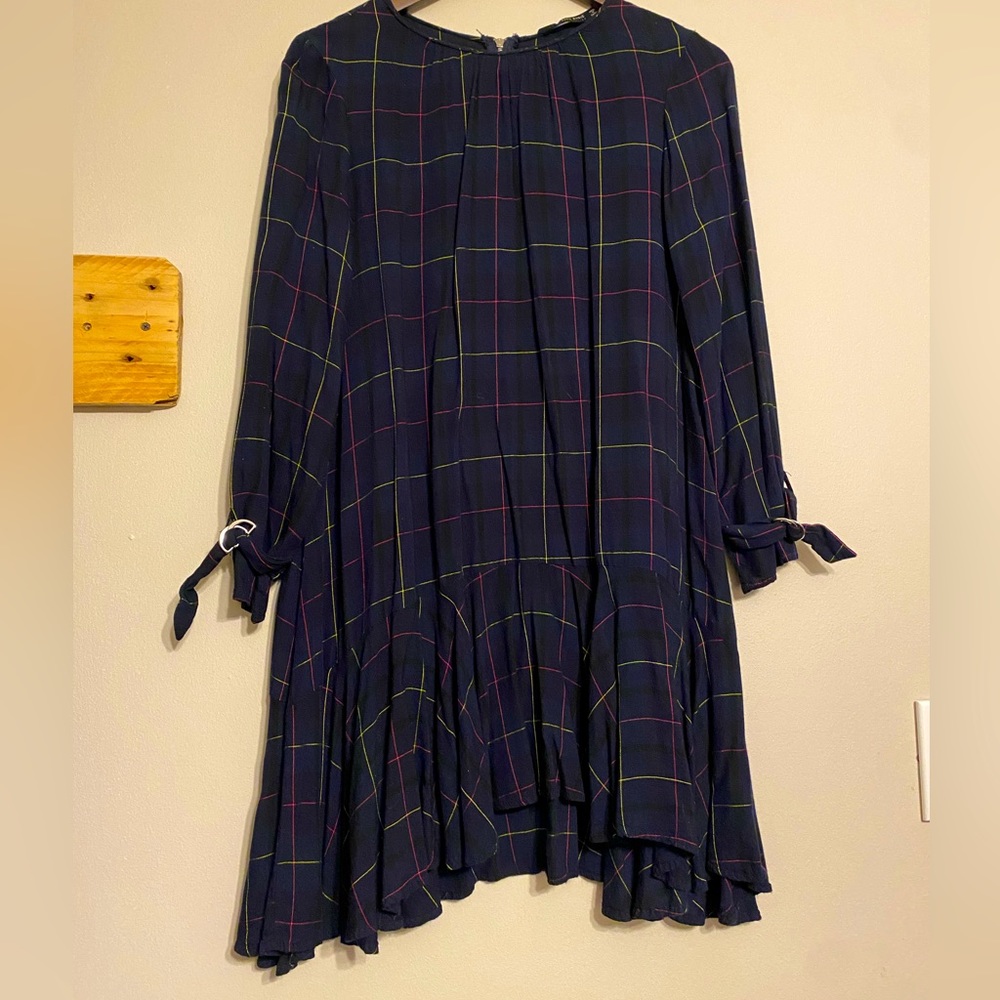 Zara Navy Plaid Dress with Ruffle Hem